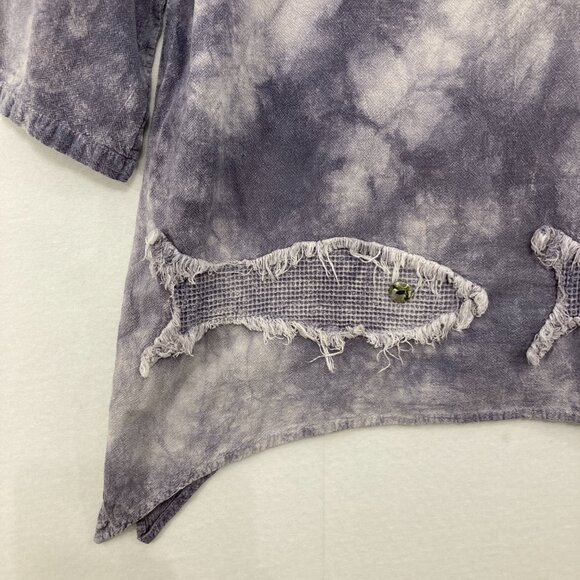 Cottonseed Casual Medium Gray Purple Tie Dye Fish Boho Gauzy Cotton Blouse - Picture 4 of 10